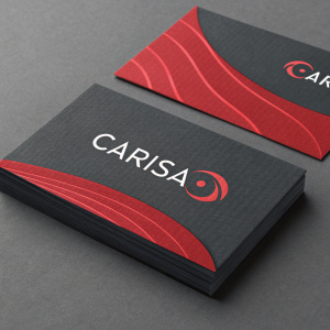 Professional business cards for Carisa. Dark grey background with bold red wavy design. Company name and details in clean sans-serif font.