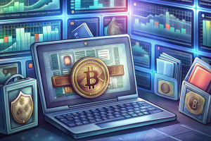A computer with an open bitcoin wallet and graphs of cryptocurrencies. The screen shows anonymous transactions and bitcoin symbols, with symbols of law enforcement agencies tracking transactions in the background.