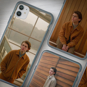 Tom Holland, multiple shots, different poses and outfits, close-up of phone case, photo collage