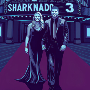 Maryse Mizanin and Mike Mizanin at a Hollywood movie premiere. They stand in front of a grand, red carpet entrance adorned with 'Sharknado 3' posters and banners. Maryse, in a sleek black gown, exudes confidence. Mike, dressed in a tailored suit, grins widely.