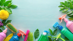 Spring Cleaning concept background with an image of colorful detergent bottles and brushes surrounded by green spring season leaves and copy space