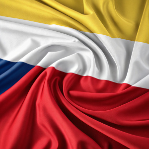 Digital 3D model of Colombia's flag. It features a soft, billowing fabric texture. The top section is pure white, and the bottom is vivid red. The flag seems to flow gently in a breeze, with subtle draping and rippling. The hues are vibrant and intense.