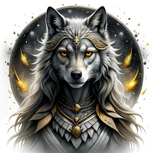 Nordic Godness Ylva She-Wolf - perfect realistic art, high-definition grey and black, white background tattoo design