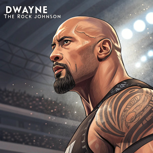 Dwayne 'The Rock' Johnson, muscular build, bald head, beard, detailed facial features. Focused physique illustration, sports arena background