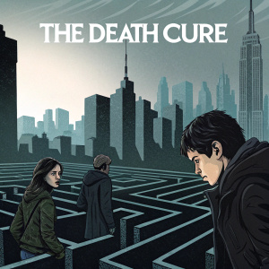 Illustration for The Death Cure movie poster. Stylized cityscape with maze-like structures. Characters are serious and focused. Dark and muted color palette.