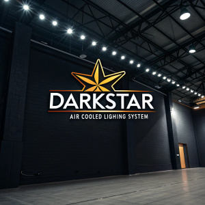 Darkstar logo design. Starburst graphic and the text 'Darkstar' 'air cooled lighting system' against black backdrop.