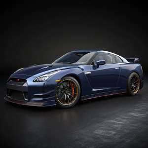 3D model of Nissan GTR. Dark blue car, highlighted rims, sleek design. Dark background