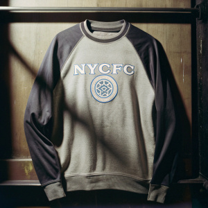Adidas NYCFC sweatshirt, grey and navy blue. Circular emblem with NYCFC text in blue and white. Casual wear for an athlete, plain background.
