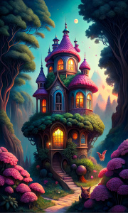a small coquette pink magical house with cats, with golden magical windows and green lush plants growing on it, on top of a hill, in a wild forest