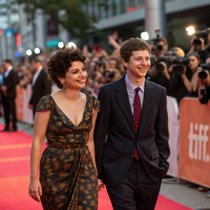 Alia Shawkat and Michael Cera walking the red carpet at the movie premiere. Flashing cameras and enthusiastic fans in the background.