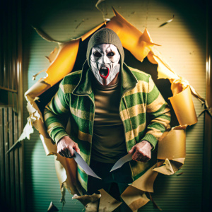 Estilo portada de película de terror un slasher vestido de rapero , atravesando una pared de papel gigante, tamaño aspecto 120x90
