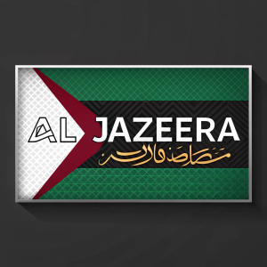 A sleek digital poster featuring the Al Jazeera logo. The logo design is modern with bold Arabic script and minimalist graphics. Color scheme includes green, black, and accents of red. Flat design with emphasis on typography and simple graphics.