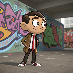 Digital illustration featuring Mr. Bean. Cartoon character置身于充满涂鸦元素的背景下。重点突出Mr. Bean。