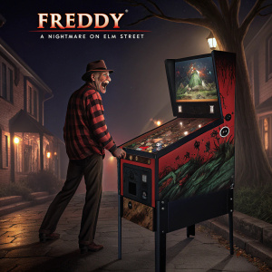 Illustration for 'Freddy: A Nightmare on Elm Street' Pinball Machine. Featuring Freddy Krueger with an ominous Elm Street backdrop. Advertises Premium LED Kit with non-ghosting feature. Vintage arcade style.