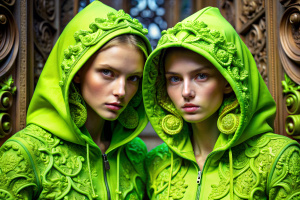 twin women wearing fluorescent green hoodies with intricate ornaments, in the style of chromatic sculptural slabs, daniel jaems, sandro botticelli, carving, luxurious textures, close-up, alasdair mclellan