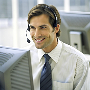 Dedicated male call center operator wearing headset working on computer in call center office.