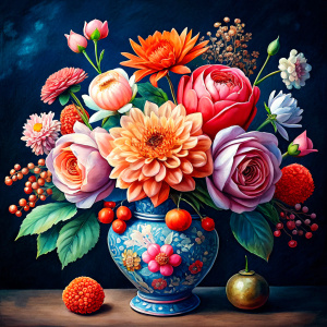 Watercolor image ,orange chrysanthemum, pink daffodil ,pale roses pink Damarions,pink Ranunculus viburnum ,rose pink wax flower ,ruby pink dandelion ,calla , pink geranium,green Bougainvillea , a Yellow Porcelain Luxury Chinese Vintage Vase with green ornaments ,on a white wall, watercolor
