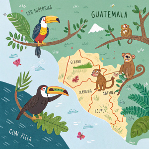 Cartoon map of Guatemala showcasing toucans, monkeys, and predators. Various locations highlighted in vibrant colors.