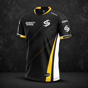 Digital illustration: A black esports jersey, white sponsor logos, yellow side accents. Dark, textured background. Modern, stylized design.