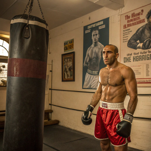 Arthur Abraham, muscular boxer, standing next to a life-sized poster of another boxer. Both wear boxing attire, 1980s gym setting