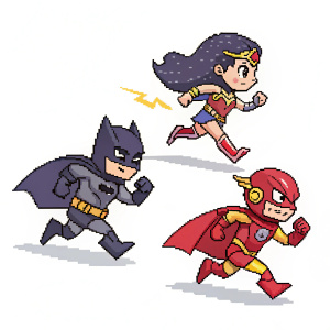 Pixel art animation featuring Batman, Wonder Woman, and The Flash. Characters are blocky and retro. Dark, gray, and purple outfits. Action-packed poses against a plain white backdrop.