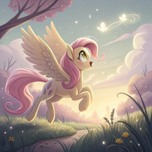 Fluttershy, from My Little Pony, leaping gracefully. Pastel colors, soft lighting, ethereal background