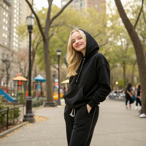 Dove Cameron in casual attire. Wearing a black hoodie and sweatpants. Stands outdoors in a bustling city park. Surrounded by trees and playground equipment.