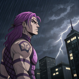Diavolo from JoJo's Bizarre Adventure, intense gaze, muscular build, vibrant purple hair. Dark and stormy cityscape background.