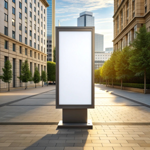 Mockup. Vertical advertising stand in the street. Blank white street billboard poster lightbox stand mock with urban city background