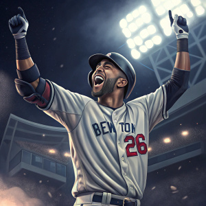 Eduardo Nunez celebrating a base hit. Wearing jersey number 26. Dark stadium, lights in background