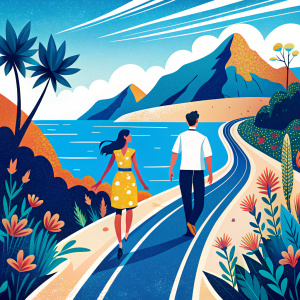 bahar ayı uzun bir yol deniz dağ manzara kadın ve erkek mutlu illustrator çiçek bahçeleri mavi deniz 