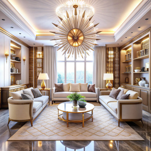 Интерьер гостиной дома в стиле Ар-деко. Огромная гостиная с утонченным декором.  В центре –  длинный элегантный диван на ножках, по сторонам – кресла, стеллажи и небольшой столик. Много элементов из золота в виде солнца. Другой ракурс. Что-то необычное