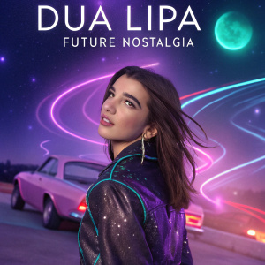 Dua Lipa's 'Future Nostalgia' album cover. Dynamic photo featuring swirling patterns and cosmic hues in shades of purple and neon. Car and celestial elements create a vibrant, futuristic backdrop.