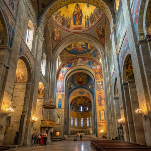Interior of Svetitskhoveli Cathedral. Richly decorated with ancient Byzantine-style frescoes. Vibrant colors and intricate details