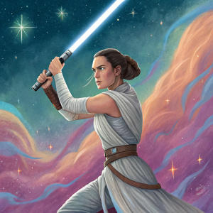 Digital painting of Rey Skywalker. Colorful galaxy background. Rey in action pose with lightsaber.