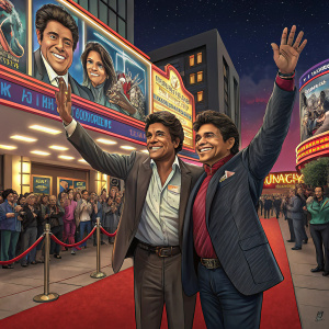 Erik Estrada and Anthony Estrada at the grand opening of a new movie theater. The background features neon lights and bustling crowds.