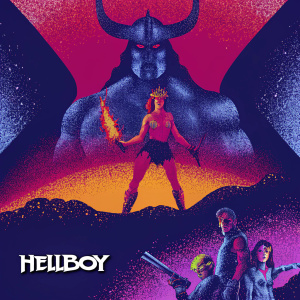 Movie poster for Hellboy. A fierce demon-like creature with massive horns. Strong-looking woman in a glittering headpiece. Various characters in combat poses. Vibrant hues of orange, red, and purple dominate the scene. Official release details at the bottom.