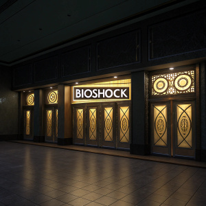 Dark background with gold Bioshock logo panels in a row. No people in sight.