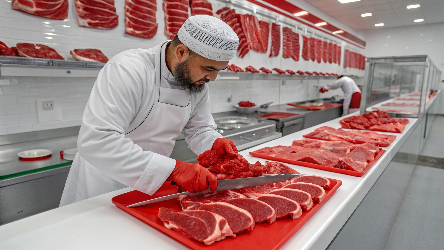 Butcher at Capital Butcher preparing fresh halal lamb chops in Edmonton