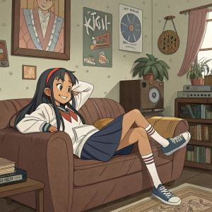 Nagatoro San, the mischievous anime character, relaxing on a cozy, vintage sofa. She has a sly grin and long wavy dark hair. The room is decorated with quirky, retro posters.