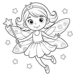 Coloring book for children Simple coloring book for adults. outline, no color, full frame, edge to edge, white background clip art. Cartoon cute children's black and white fairy fly with magic
