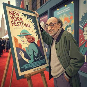 Milton Glaser, artist and graphic designer, posing with movie poster at New York Film Festival. October event.