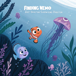 Artwork from Finding Nemo concept art book. Detailed underwater scenes with cartoonish fish faces and jellyfish. Illustration style in blue and purple hues. Includes names of art director and supervising director.