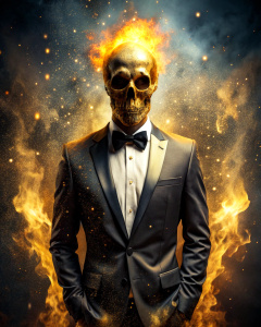 effect, photoshop action, realistic wise, golden skull with human body in tuxedo, fire, sparks, dust, explosion, smoke, sand, shadows, glow, glow, glare, light, quality xd, 