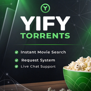 Prominent digital ad for YIFY Torrents. Dark background, green logo. Highlighting features like instant movie search, request system, and live chat support. Sleek design with green accents.