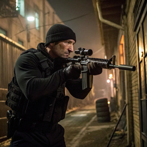 Jon Bernthal as The Punisher, intense look, aiming high-tech rifle. Black outfit, beanie. Dark, gritty urban alley background.