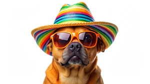 Funny party dog wearing colorful summer hat and stylish sunglasses isolated on white background