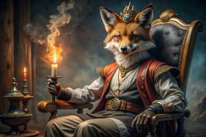  pirate cyborg fox, sitting in chair and holding candle