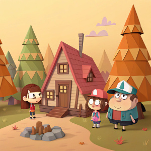 Digital illustration of Gravity Falls characters in a low-poly style. Warm color palette. Cartoonish setting