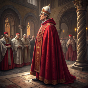 Antipope Alexander V, dressed in a lavish red robe, stands in a medieval court. Surrounded by nobles and clergy.